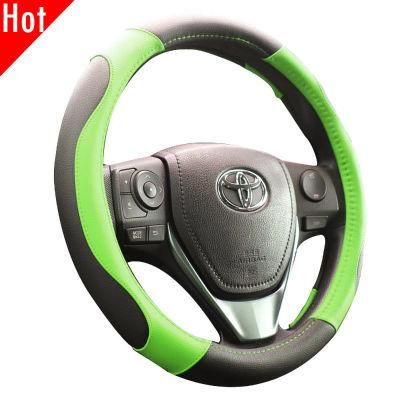 Non Slip 38cm PU Car Real Leather Black Green Auto Steering Wheel Cover