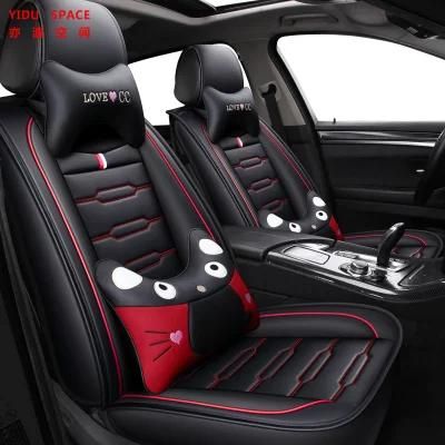 Universal New Design PVC/PU Black Leather Car Seat Cushion with Cartoon Waist Pillow