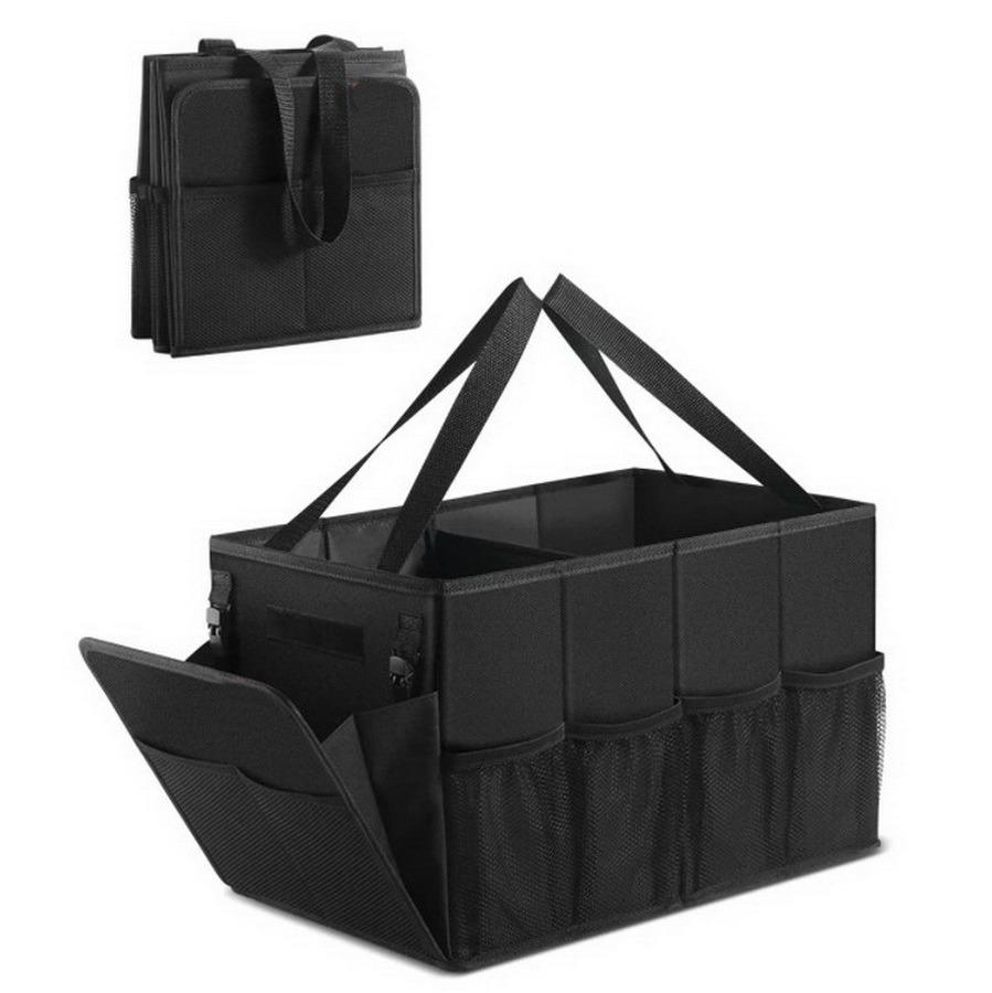 Large Black Durable Folding Car Trunk Organizer Foldable Car Seat Storage Box Truck Storage Bag for Family Travel with Tote Handles