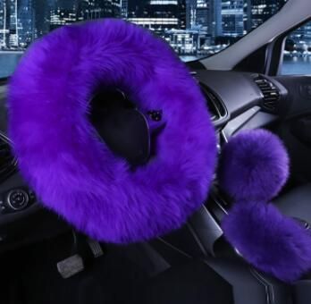 Girly Multi Color Fluffy Car Fuzzy Real Fur Automotive Furry Steering Wheel Cover Set for Women