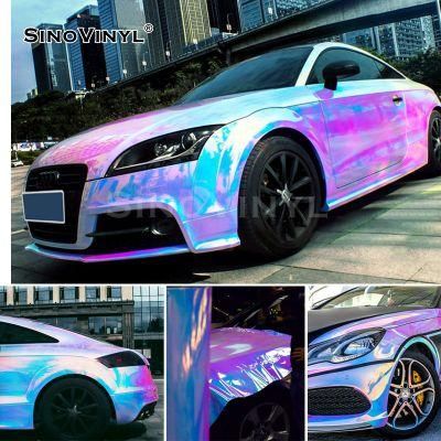SINOVINYL Low-viscosity Glue Holographic Chrome Rainbow Blue Purple Auto Vinyl Car Sticker