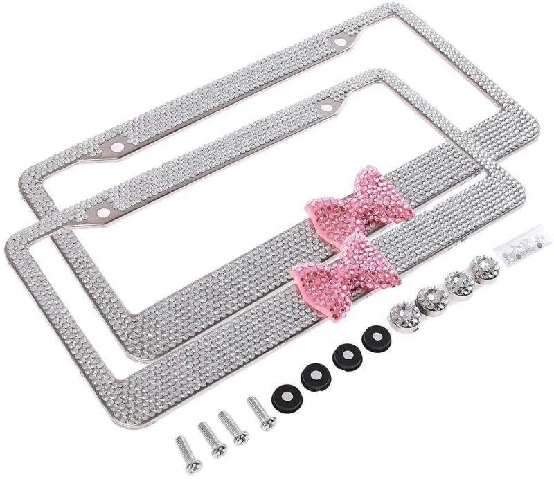 Car Accessories 2PCS White Bling Plate Frame with Bow