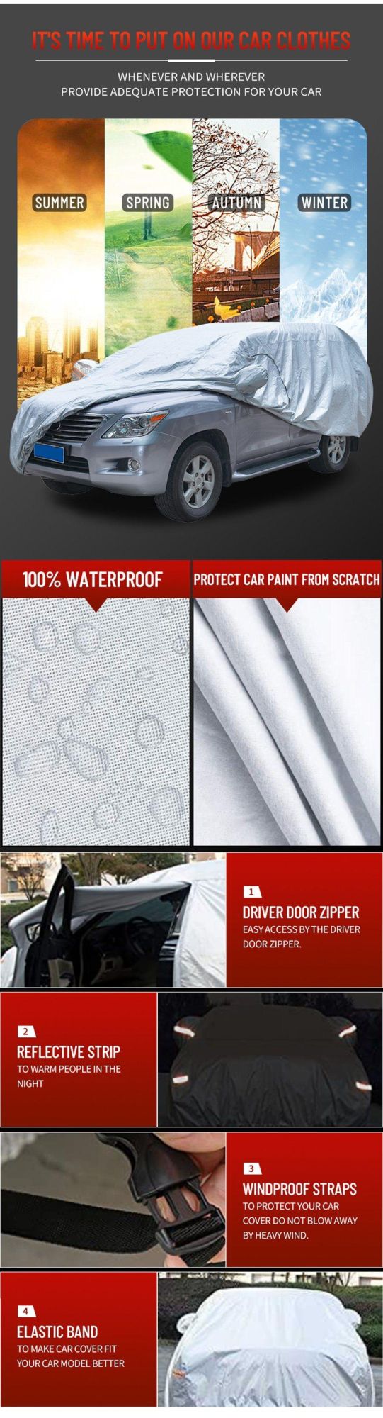 Car Cover Waterproof All Weather for Automobiles Outdoor Full Cover Rain Sun UV Protection with Zipper Cotton