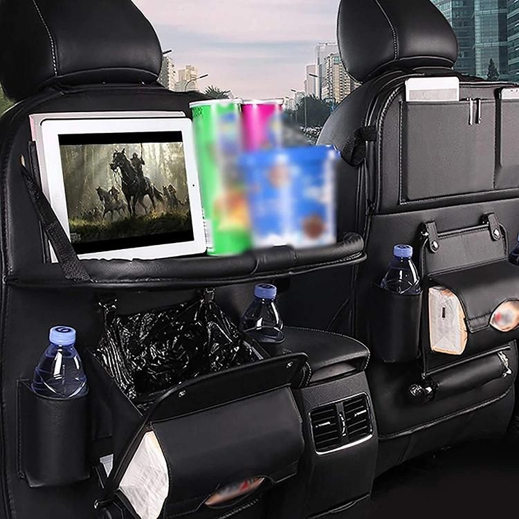 PU Leather Car Rear Universal Back Seat Organizers with Tablet Holder Foldable Table Tray, 8 Storage Pockets