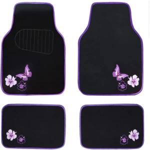 Universal Fit Embroidery Butterfly and Flower Car Floor Mats, Universal Fit for SUV, Trucks, Sedans, Vans, Set of 4 (Black with Purple)