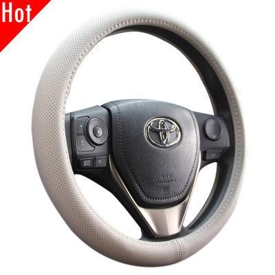 Perforated Car Fashion Deluex 38cm Genuine Real Leather Beige Steering Wheel Cover