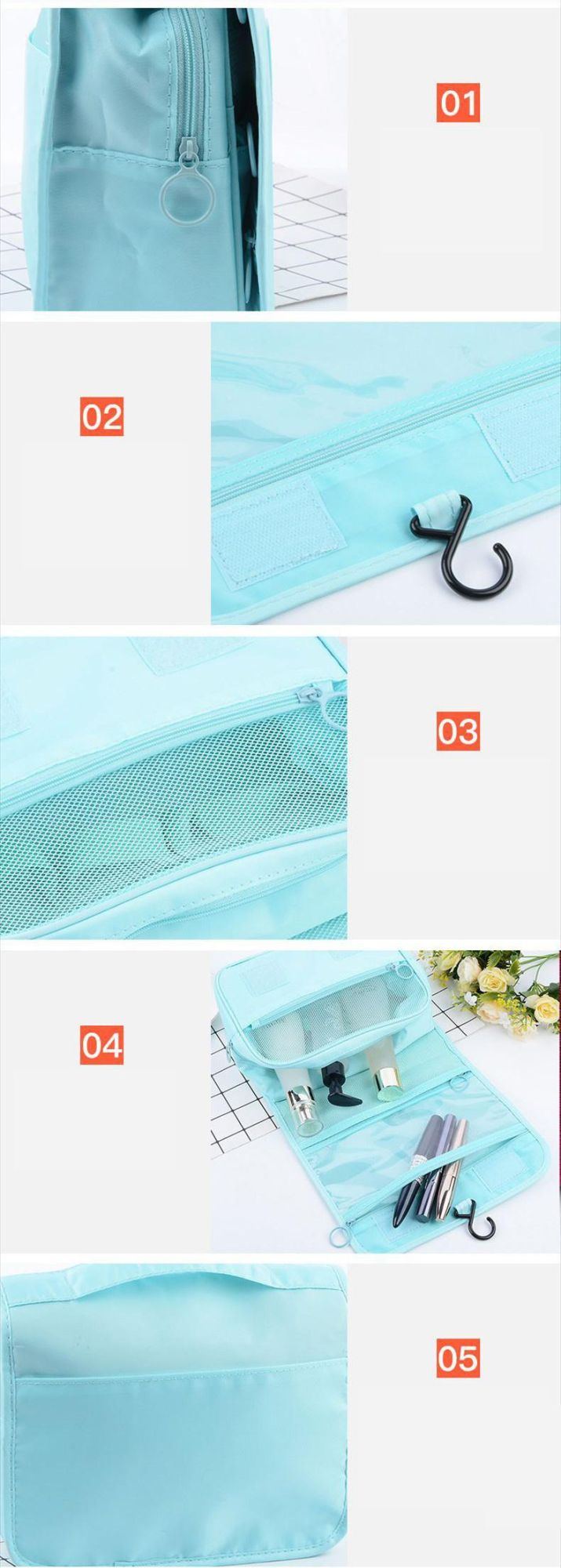 Wholesale Pure Color Toiletry Bag Travel Portable Hooked Wash Bag Cosmetic Storage Bag Can Be Customized Logo