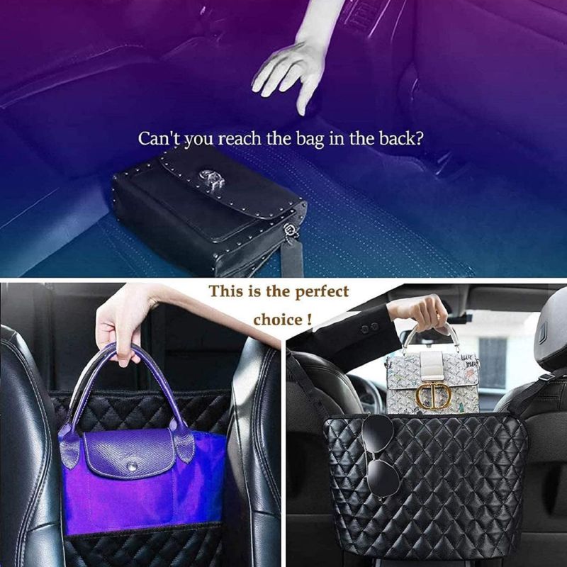 Leather Car Handbag Holder, Car Mesh Organizer Car Purse Storage Car Seat Storage and Handbag Holding Net for Purse Bag