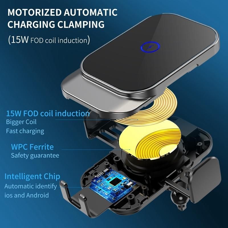 Automatic Locked One Click Open High Power 15W Wireless Charging Function Auto Air Vent Style 360degree Rotating Car Holder for Multiple Mobile Phone