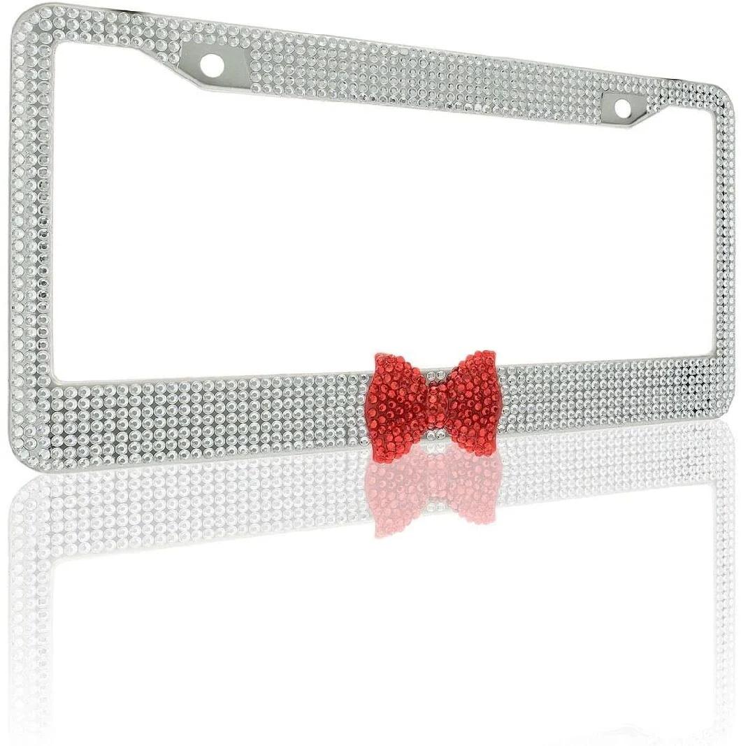 Car Accessories 2PCS White Bling Plate Frame with Bow