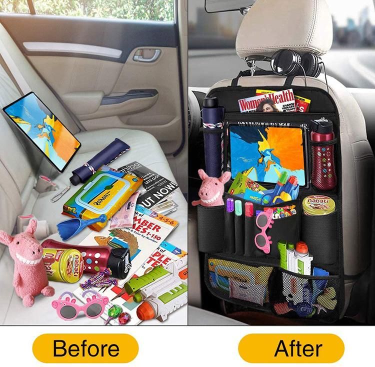 Car Backseat Organizer with Table Holder Storage Pockets Seat Back Protectors Kick Mats for Kids Toddlers, Travel Accessories