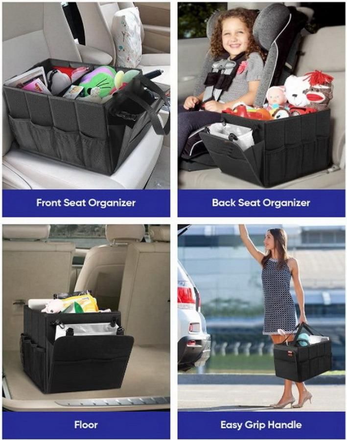 Large Black Durable Folding Car Trunk Organizer Foldable Car Seat Storage Box Truck Storage Bag for Family Travel with Tote Handles