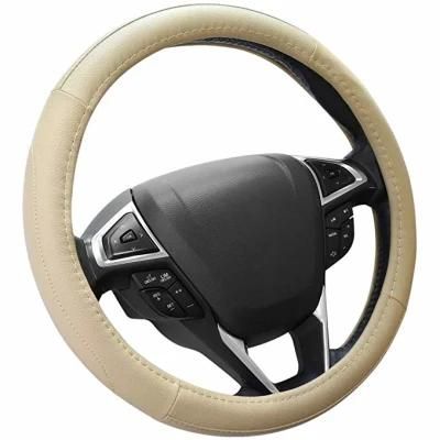 Beige Leather Car Steering Wheel Cover