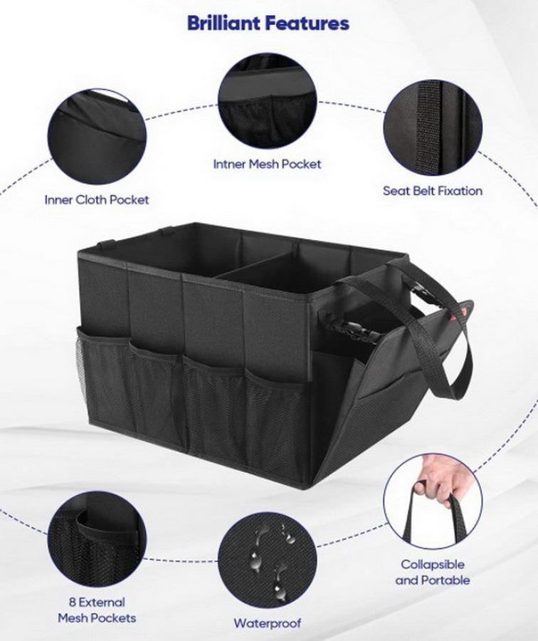 Large Black Durable Folding Car Trunk Organizer Foldable Car Seat Storage Box Truck Storage Bag for Family Travel with Tote Handles