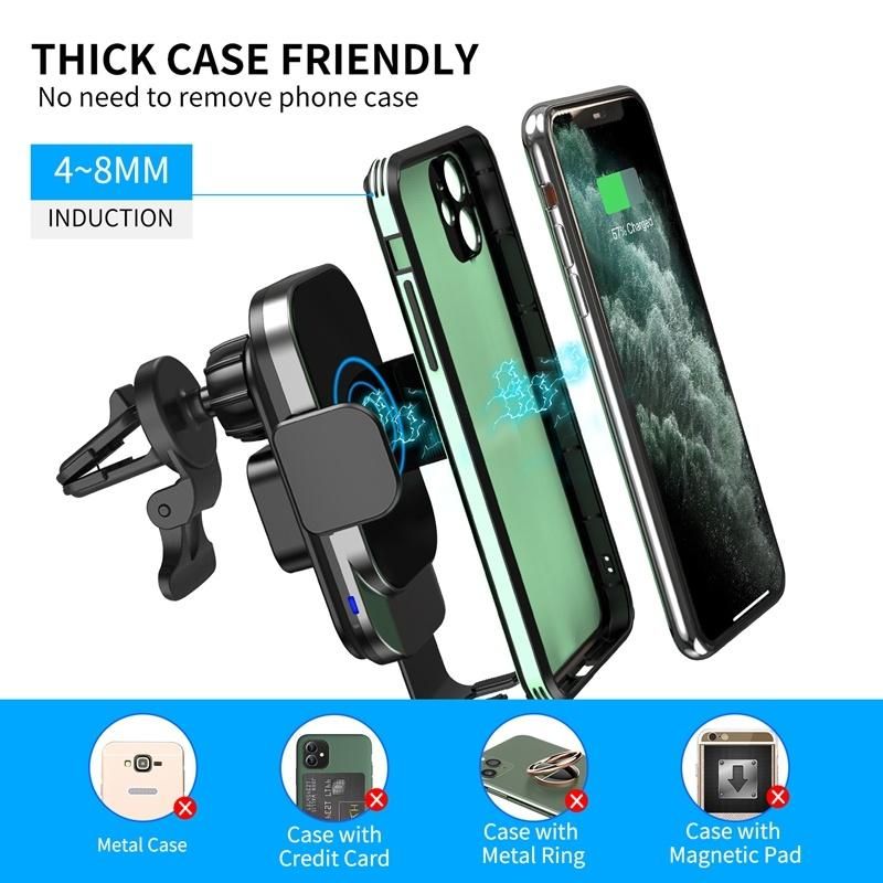 Automatic Locked One Click Open High Power 15W Wireless Charging Function Auto Air Vent Style 360degree Rotating Car Holder for Multiple Mobile Phone