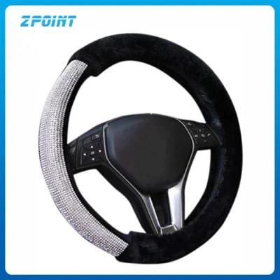 Fluffy Steering Wheel Cover for Women, Universal Rhinestone Bling Comfortable Non-Slip Luxurious Faux Wool