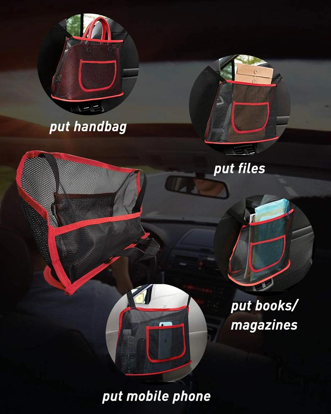 Car Net Pocket Handbag Holder Between Seats, Car Organizers Mesh, Barrier of Backseat Pet Kids, Car Storage Bag for Purse Phone Books Documents, Driver Storage