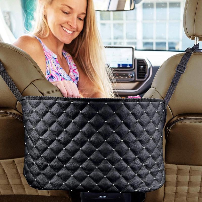 Handbag Holder for Car, Black Leather Diamonds Holding Handbag and Storage Netting Pouch for Hanging Storage Between Car Seats Fit for Most Cars