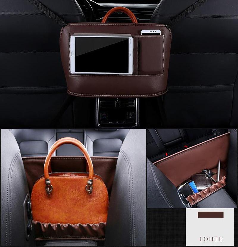 Car Back Seat Leather Storage Organizer, PU Leather Car Net Pocket Handbag Holder, Car Seat Back Durable Hanging Storage Bag Between Two Seats Barrier Wbb12890