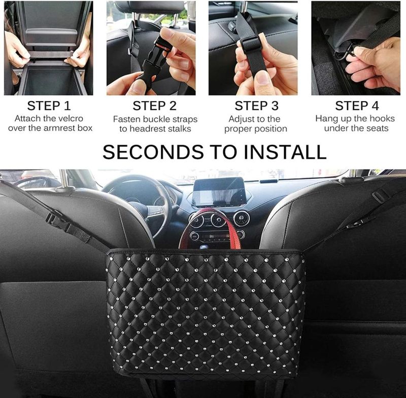 Universal Handbag Holder for Car Front Seat Leather Seat Pocket for Organizer with Diamonds