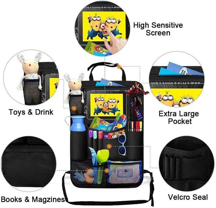 Car Backseat Organizer with Table Holder Storage Pockets Seat Back Protectors Kick Mats for Kids Toddlers, Travel Accessories