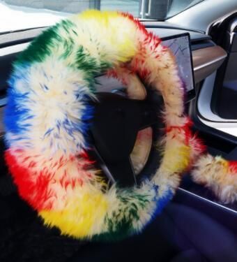 Girly Multi Color Fluffy Car Fuzzy Real Fur Automotive Furry Steering Wheel Cover Set for Women