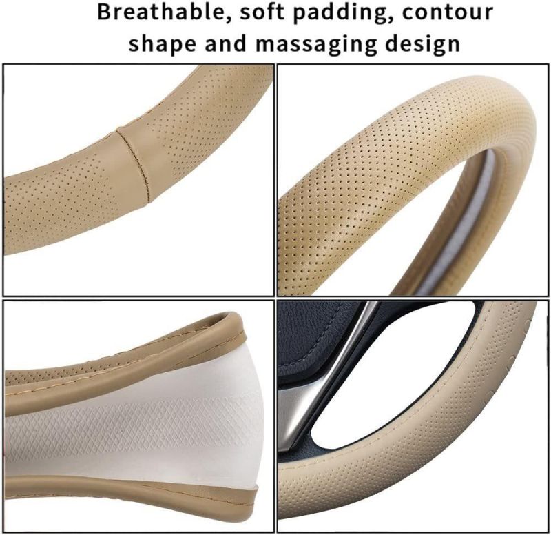 Leather Car Steering Wheel Cover GM Car Interior, Durable, Breathable, Non-Slip, Tasteless, Beige