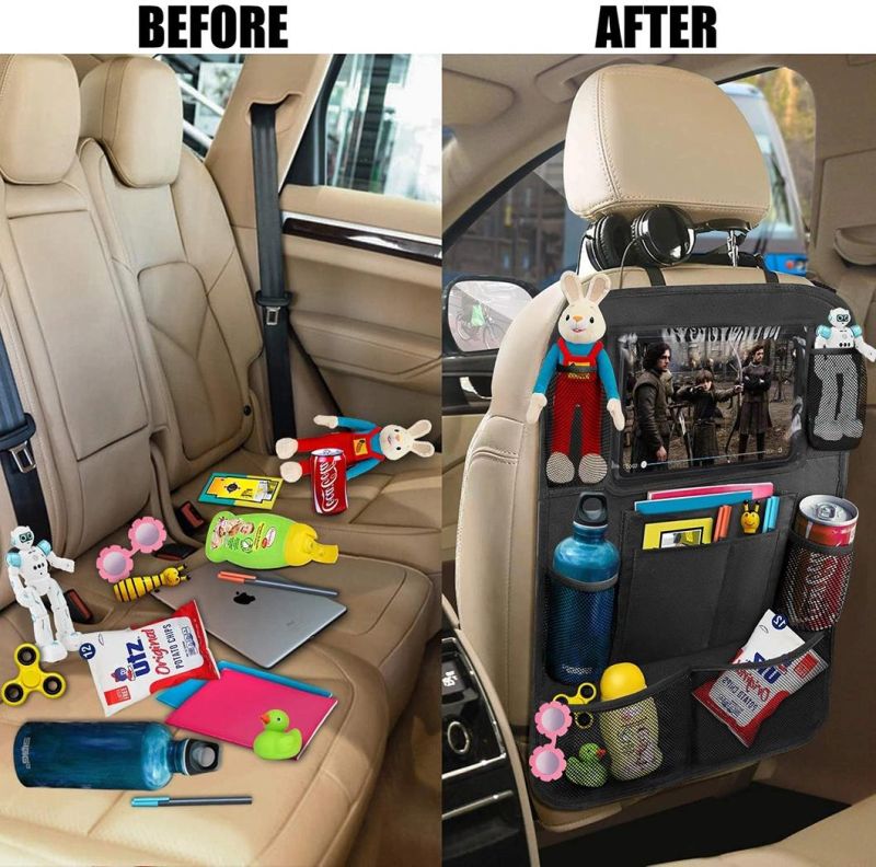 Car Backseat Organizer with 10" Table Holder, 9 Storage Pockets Seat Back Protectors Kick Mats for Kids Toddlers, Travel Accessories